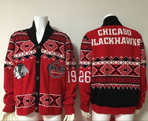 Men's Chicago Blackhawks Red Ugly Sweater Cardigan - Click Image to Close